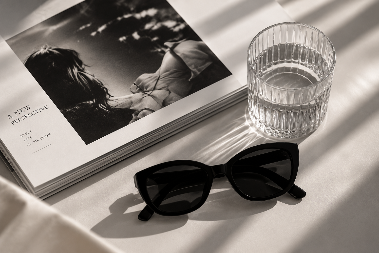 Revista editorial, vaso y anteojos negros